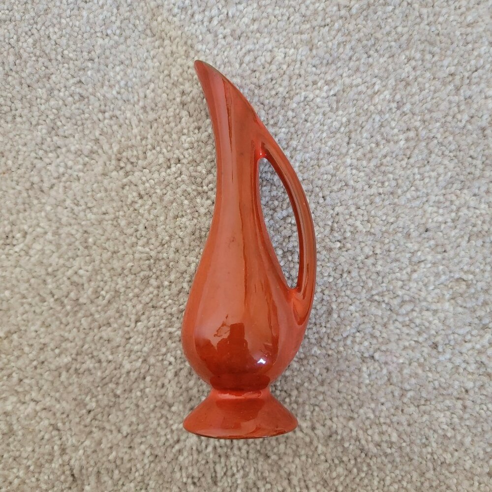 Small Mid-Century Orange Red Vase Signed Lori 1979